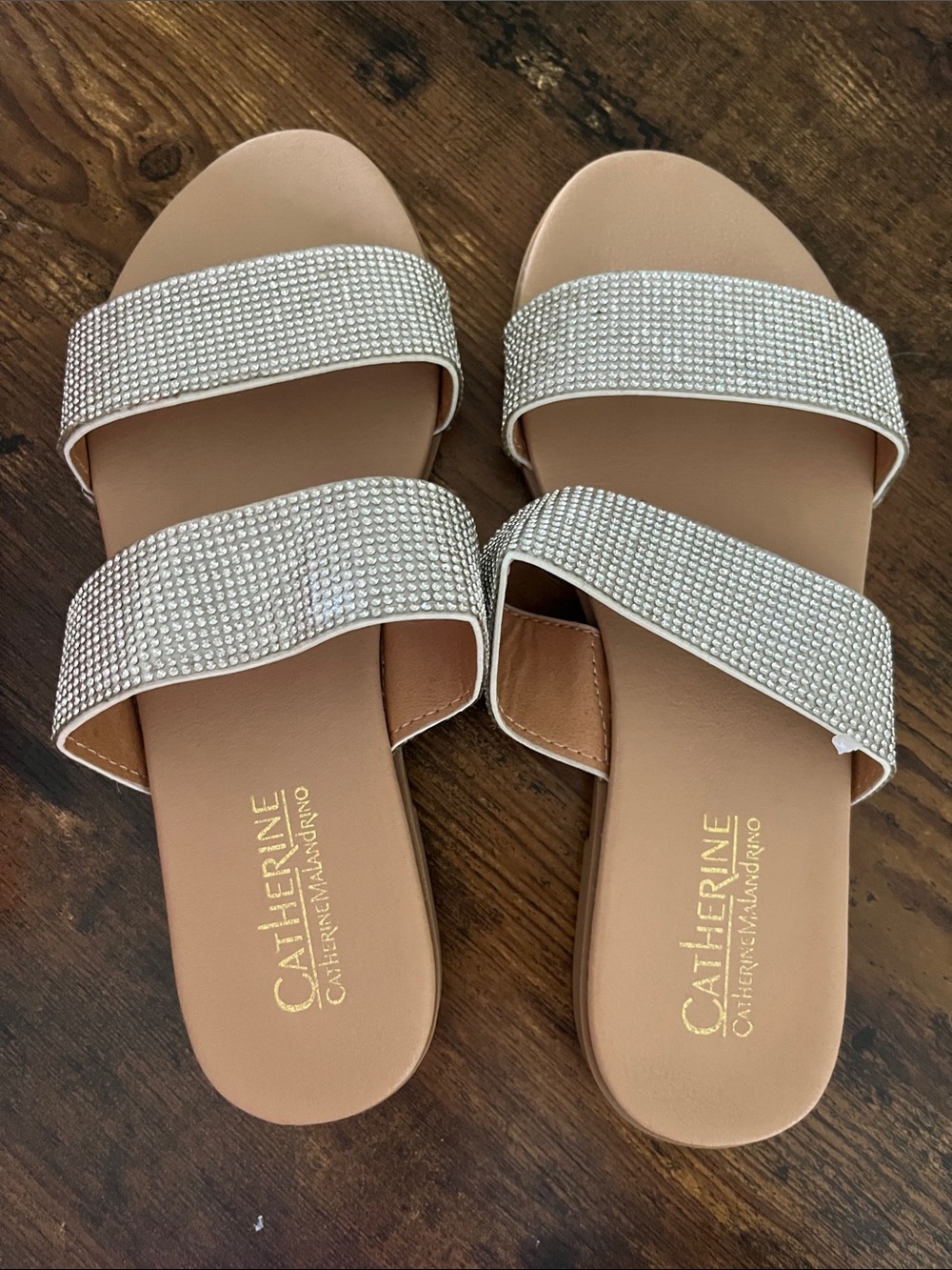 Catherine Malandrino Nude Slide Sandals with Silver Crystal Straps